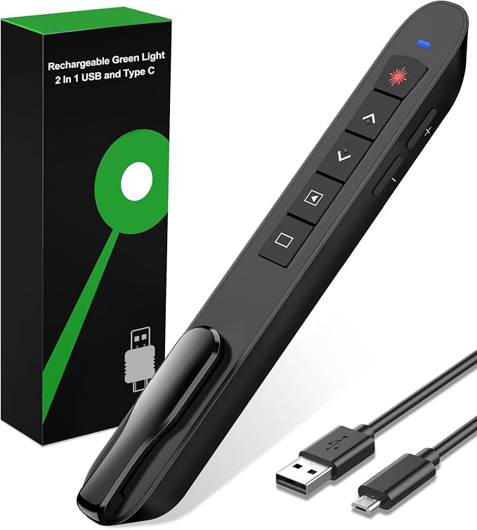 Presentation Clicker Green Laser Pointer, Rechargeable PowerPoint Clicker