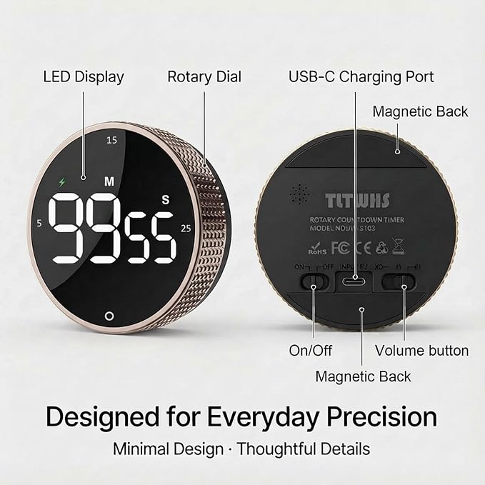 Rechargeable Magnetic Kitchen Timer, LED Countdown/Up Timer, Supports USB-C — view 8