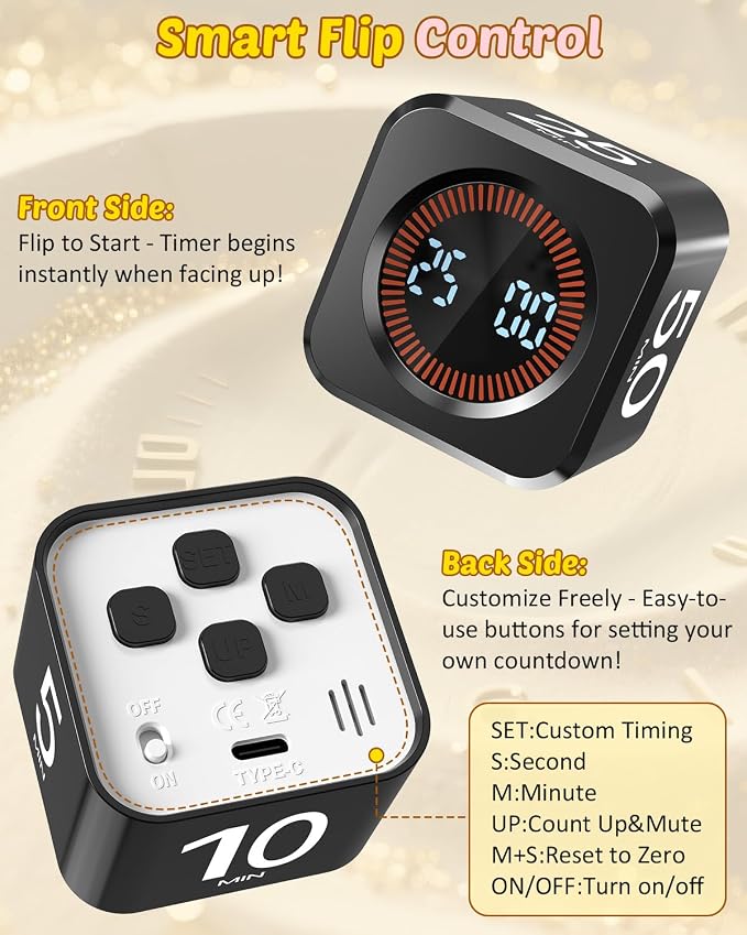 Digital Pomodoro Timer Cube 5/10/25/50min, Visual Productivity Flip Timer — view 4