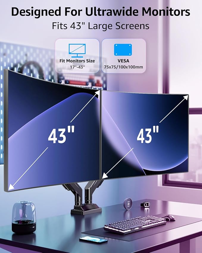 MOUNTUP Dual Monitor Stand for Max 43 inch Screens, Ultrawide Monitor Arm — view 2