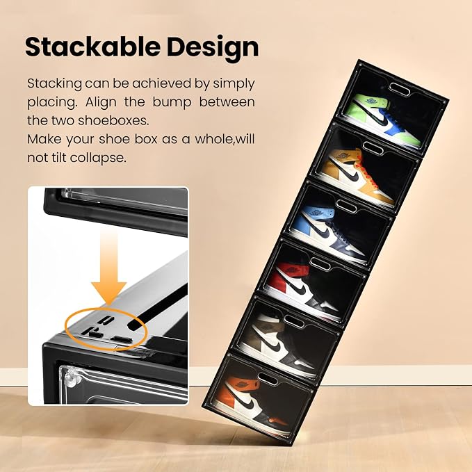 Amllas 8 Pack Shoe Boxes Black Plastic Stackable, Large Shoe Storage Organizer — view 4