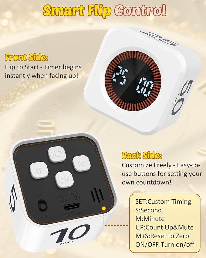 Digital Pomodoro Timer Cube 5/10/25/50min, Visual Productivity Flip Timer — view 4