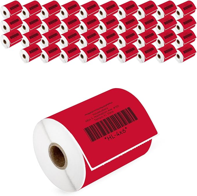 HOUSELABELS 4" x 6" Red Shipping Labels on 1" Core Compatible