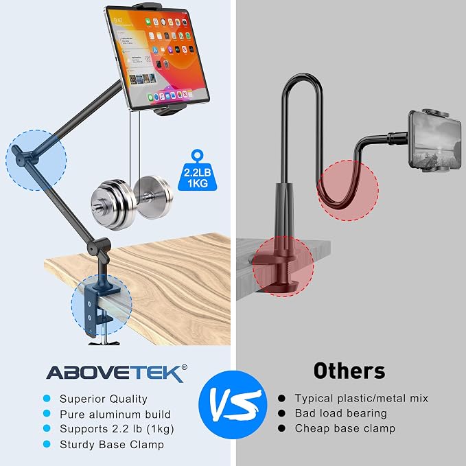 AboveTEK Tablet Stand Holder for Desk & Bed, Aluminum iPad Holder Arm — view 7