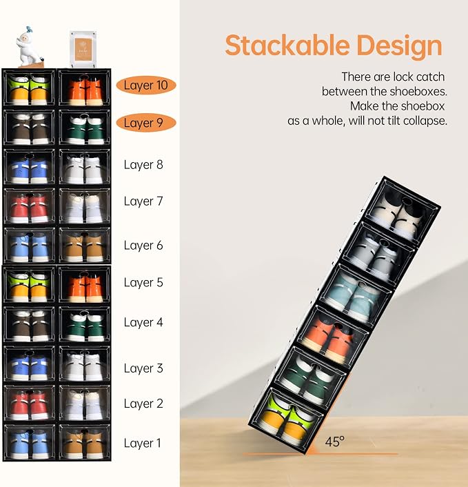 Amllas 12 Pack Shoe Boxes Stackable, Upgraded Sturdy Shoe Storage Boxes — view 4