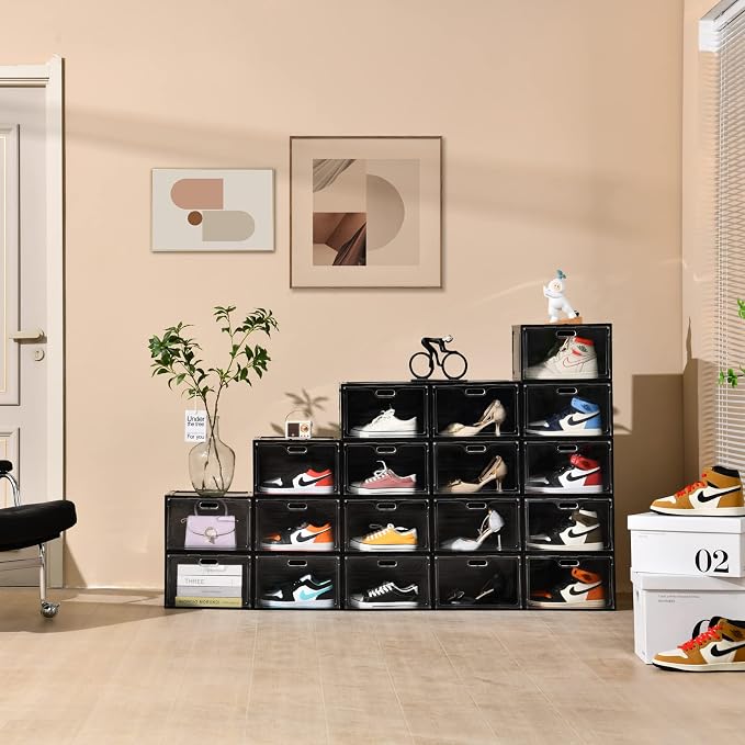 Amllas 8 Pack Shoe Boxes Black Plastic Stackable, Large Shoe Storage Organizer — view 6