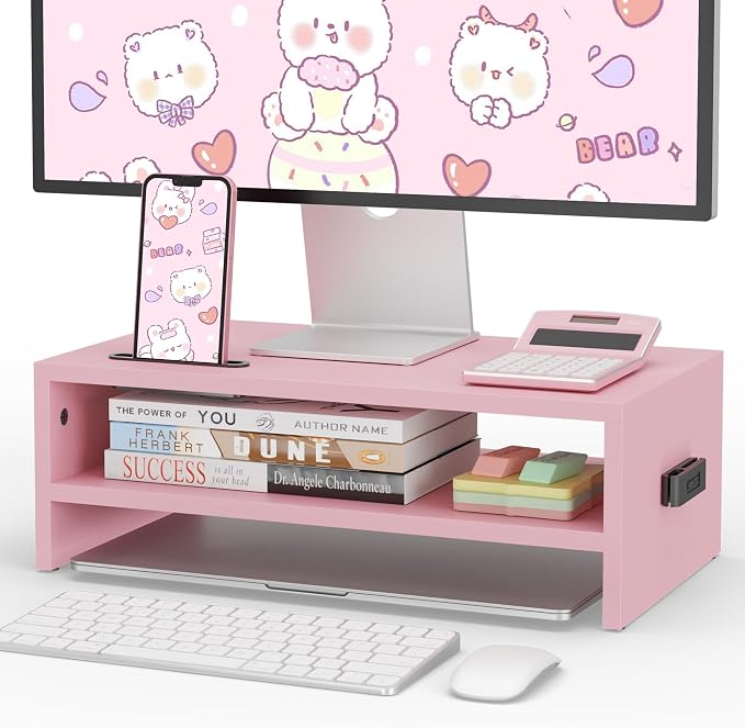 BONTEC Wooden Monitor Stand Riser, 2-Tier Desk Shelf