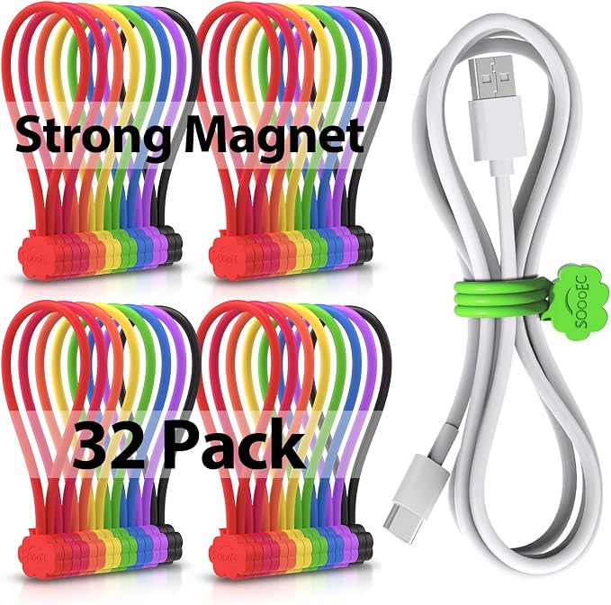 SOOOEC Snap On Magnetic Cable Ties, 32 Pack 7.2" Magnetic Cord Organizer Cute