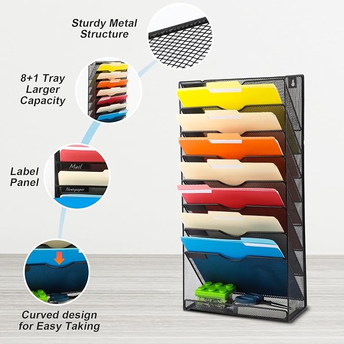 EASEPRES Desk File Organizer Mesh 9-Tier, Hanging Wall Mount Document — view 4