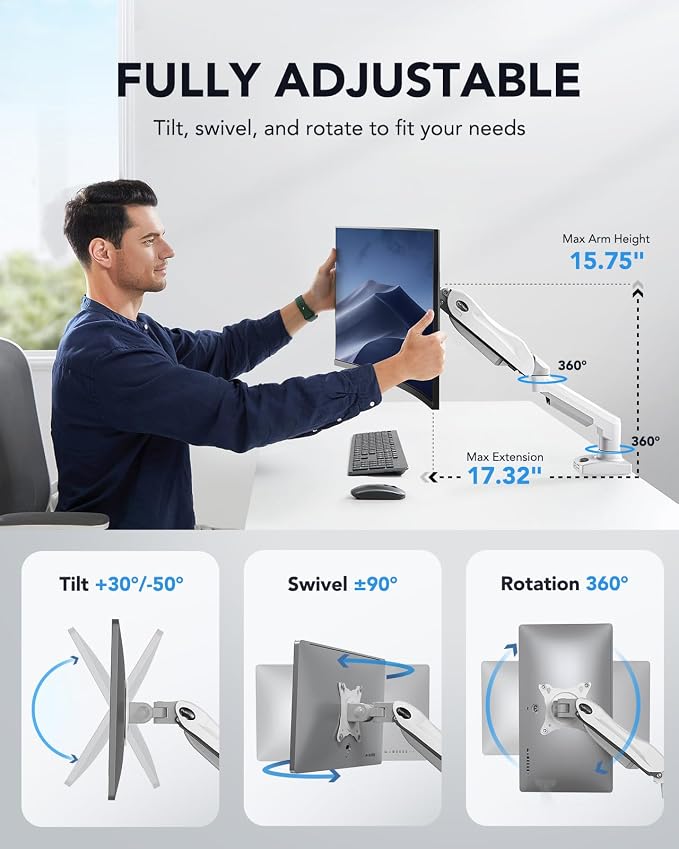 HUANUO Single Monitor Mount, 13 to 32 Inch Gas Spring Monitor Arm, Adjustable — view 4
