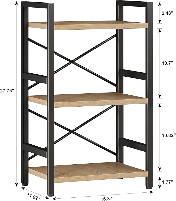 Homeiju Bookshelf, 3 Tier Industrial Bookcase, Metal Small Bookcase, Rustic — view 3