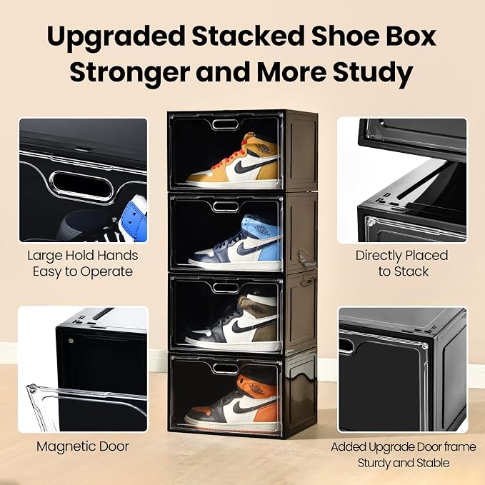 Amllas 8 Pack Shoe Boxes Black Plastic Stackable, Large Shoe Storage Organizer — view 3