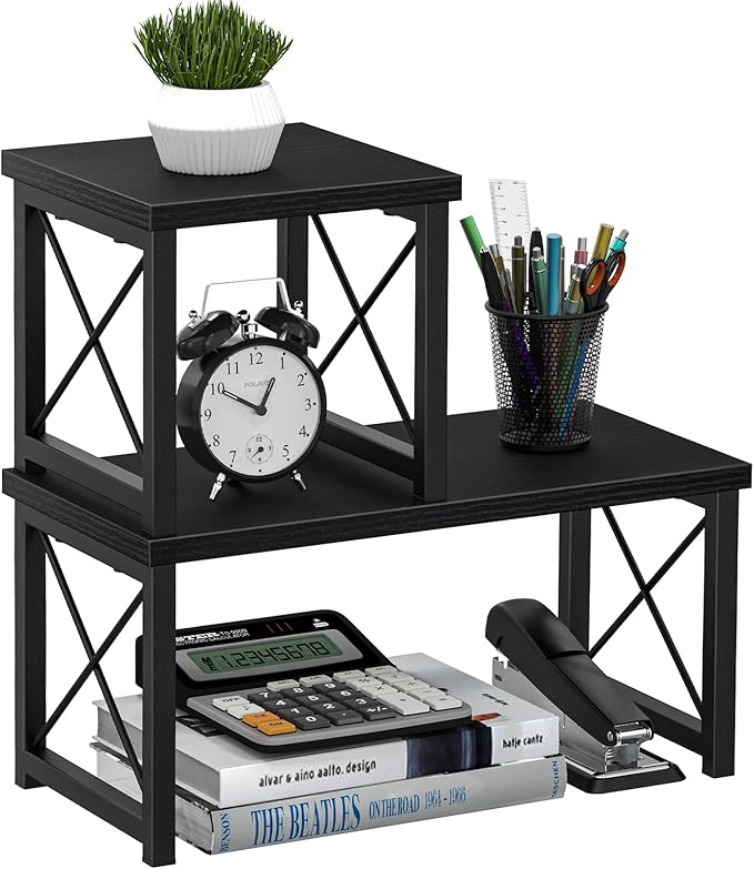 Honiter Desk Shelf Desktop Organizer 2 Tier Wood Small Bookshelf, Rustic Brown