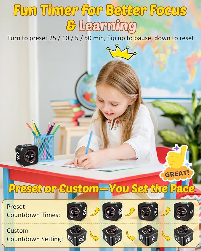 Digital Pomodoro Timer Cube 5/10/25/50min, Visual Productivity Flip Timer — view 2