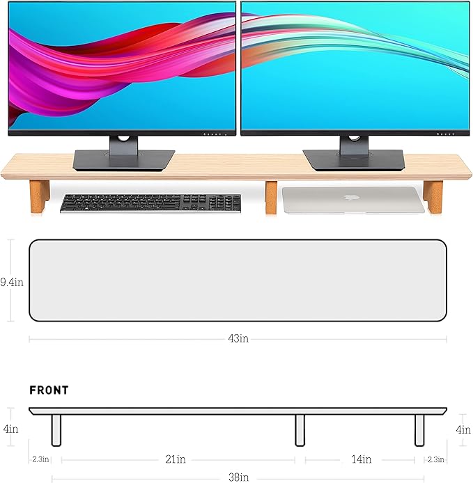 Aothia Large Dual Monitor Stand Riser, Solid Wood Desk Shelf — view 4