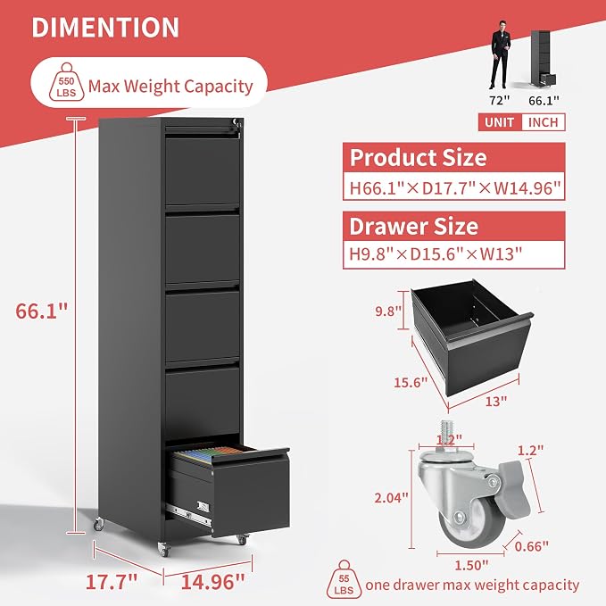 IKIMI 5 Drawer Locking File Cabinet — view 3