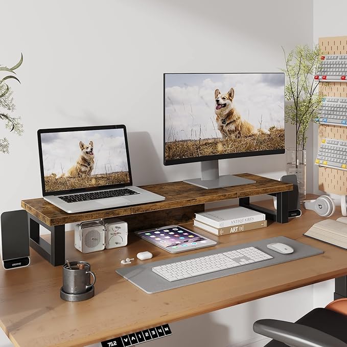 WESTREE Dual Monitor Stand Riser, Wood and Steel Monitor Stand Riser, Computer — view 2