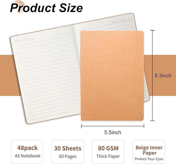 miikoul 48 Pack A5 Kraft Paper Notebook Lined Journal Bulk, 8.3 X 5.5 Inch — view 2
