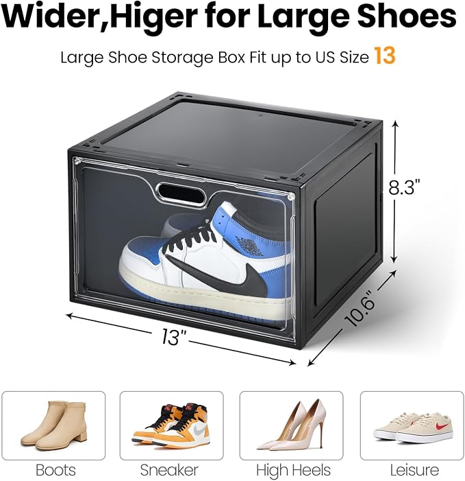 Amllas 8 Pack Shoe Boxes Black Plastic Stackable, Large Shoe Storage Organizer — view 2