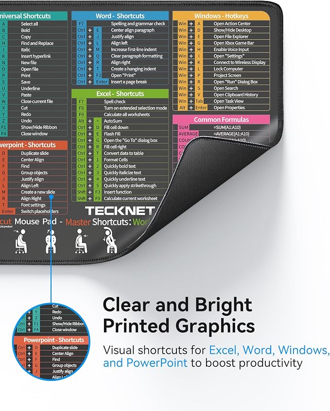 TECKNET Shortcut Mouse Pad for Excel Word PowerPoint Windows, Non-Slip — view 4