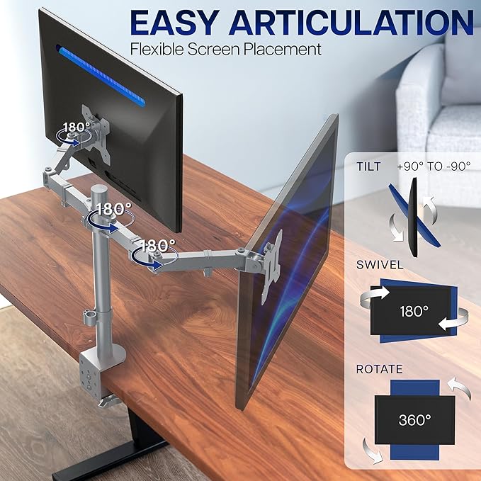 VIVO Dual Monitor Desk Mount, Heavy Duty Fully Adjustable Steel Stand, Holds 2 — view 3