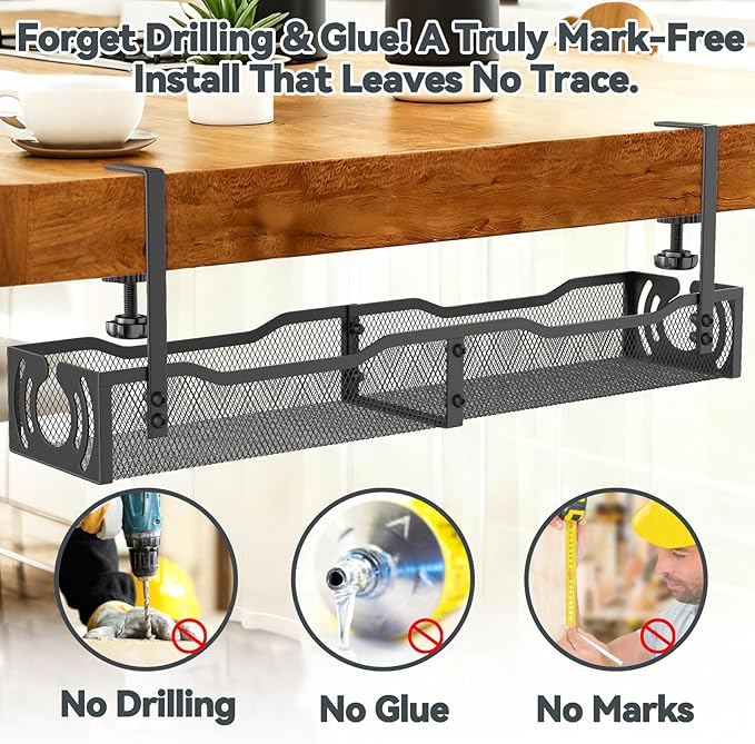 Cable Management, 25.3'' Under Desk Cable Management Tray No Drill, Metal Cable — view 4