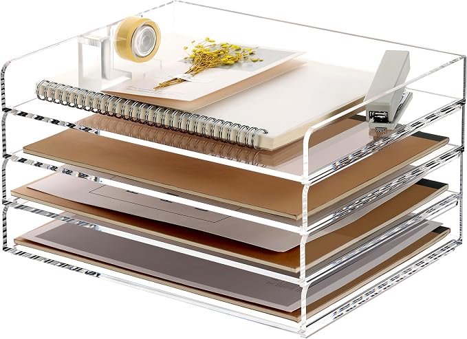 SANRUI 4 Tier Clear Desk Paper Letter Organizer Trays, A4 Stackable File