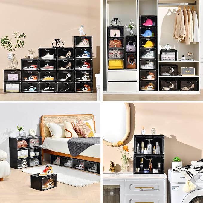 Amllas 8 Pack Shoe Boxes Black Plastic Stackable, Large Shoe Storage Organizer — view 5