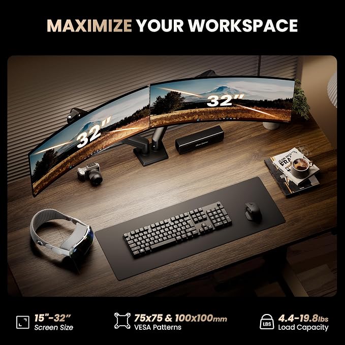 SIAGO Dual Monitor Stand, 15 to 32 Inch Monitor Arm, Adjustable Monitors Mount — view 6