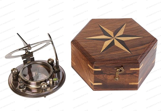 US HANDICRAFTS Vintage Brass Sundial Compass – Engraved Navigation Instrument
