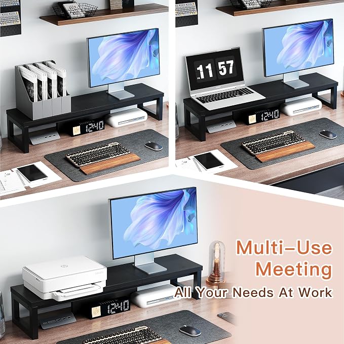 HEWORLIF Dual Monitor Stand Riser, Wood and Steel Monitor Stand — view 3