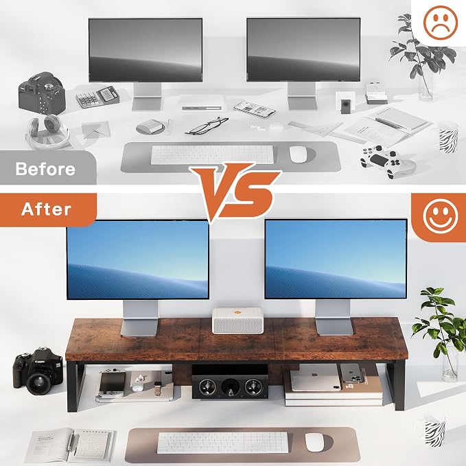 HEWORLIF Dual Monitor Stand Riser, Wood and Steel Monitor Riser, Long Computer — view 5