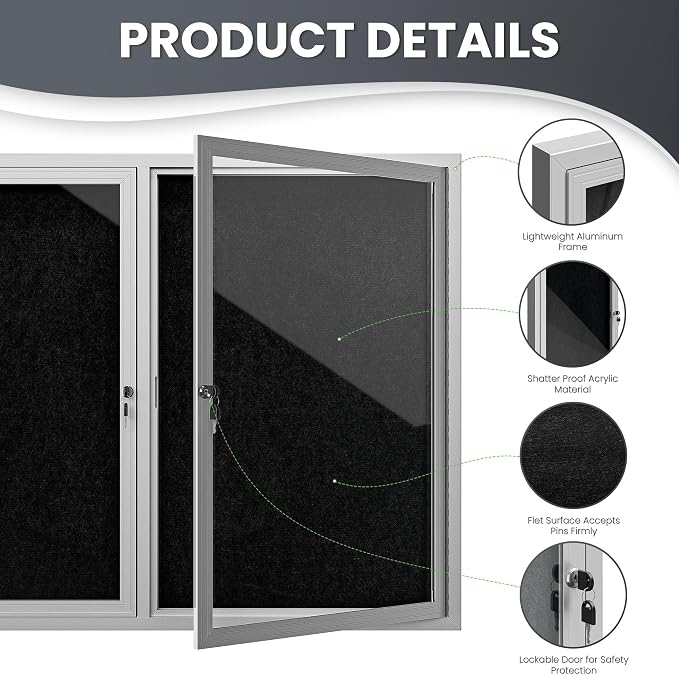 72"x36" Lockable Enclosed Bulletin Board, Outdoor Flet Weather-Resistant — view 5