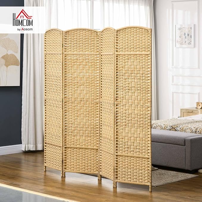 HOMCOM 4 Panel Room Divider, Hand-Woven Freestanding Wood Partition — view 2